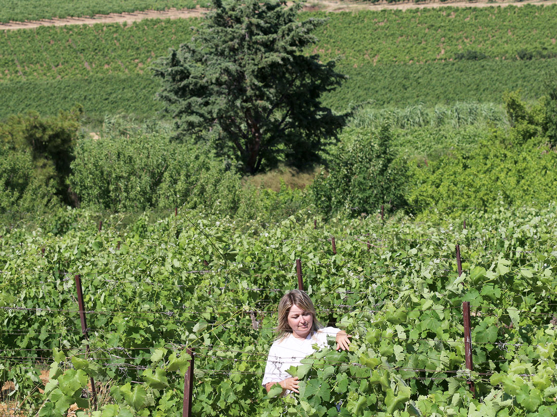 Hélène au milieu de ses hectares de vignes de qualité